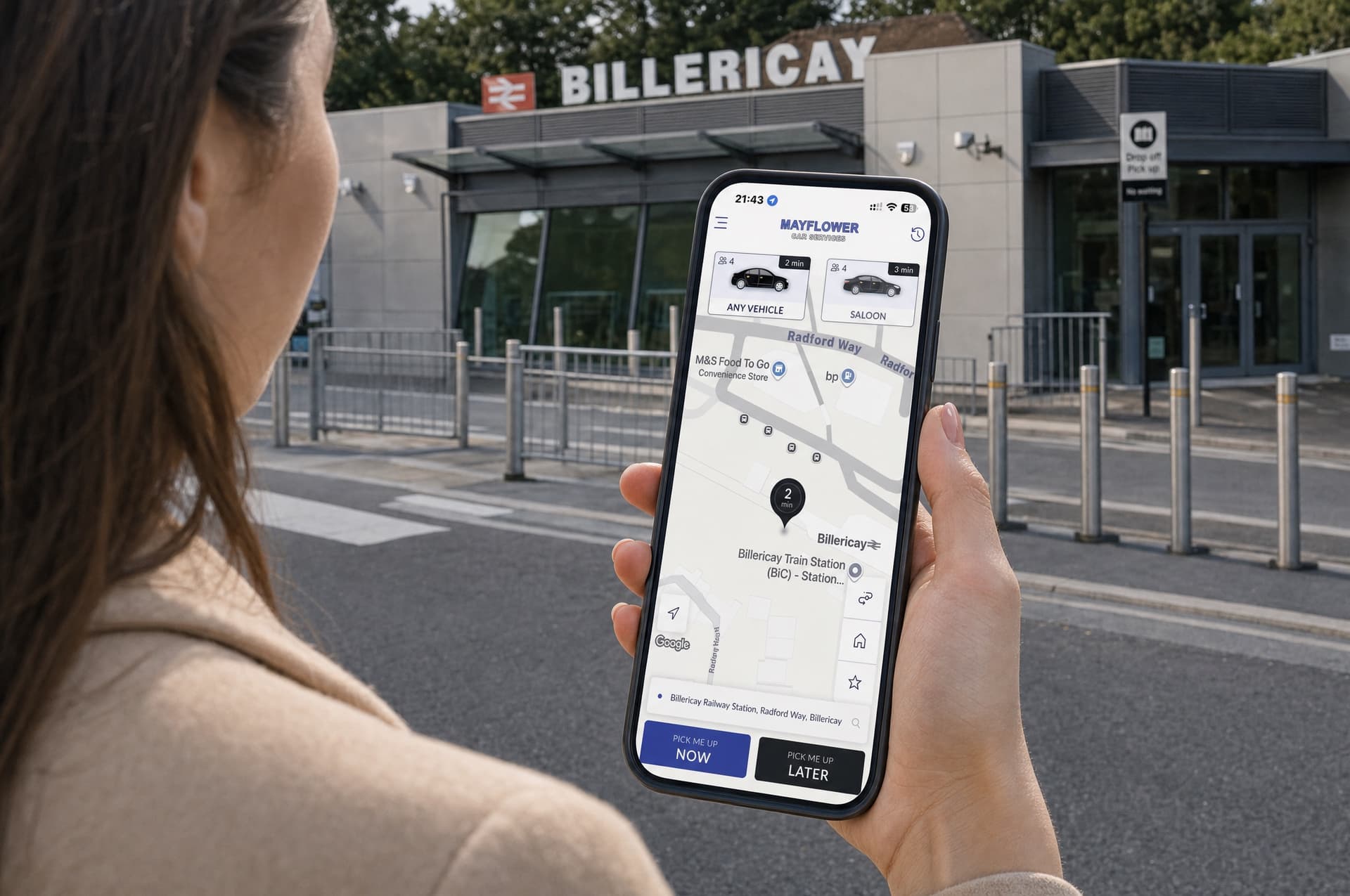 Booking a Mayflower taxi on the app outside Billericay station